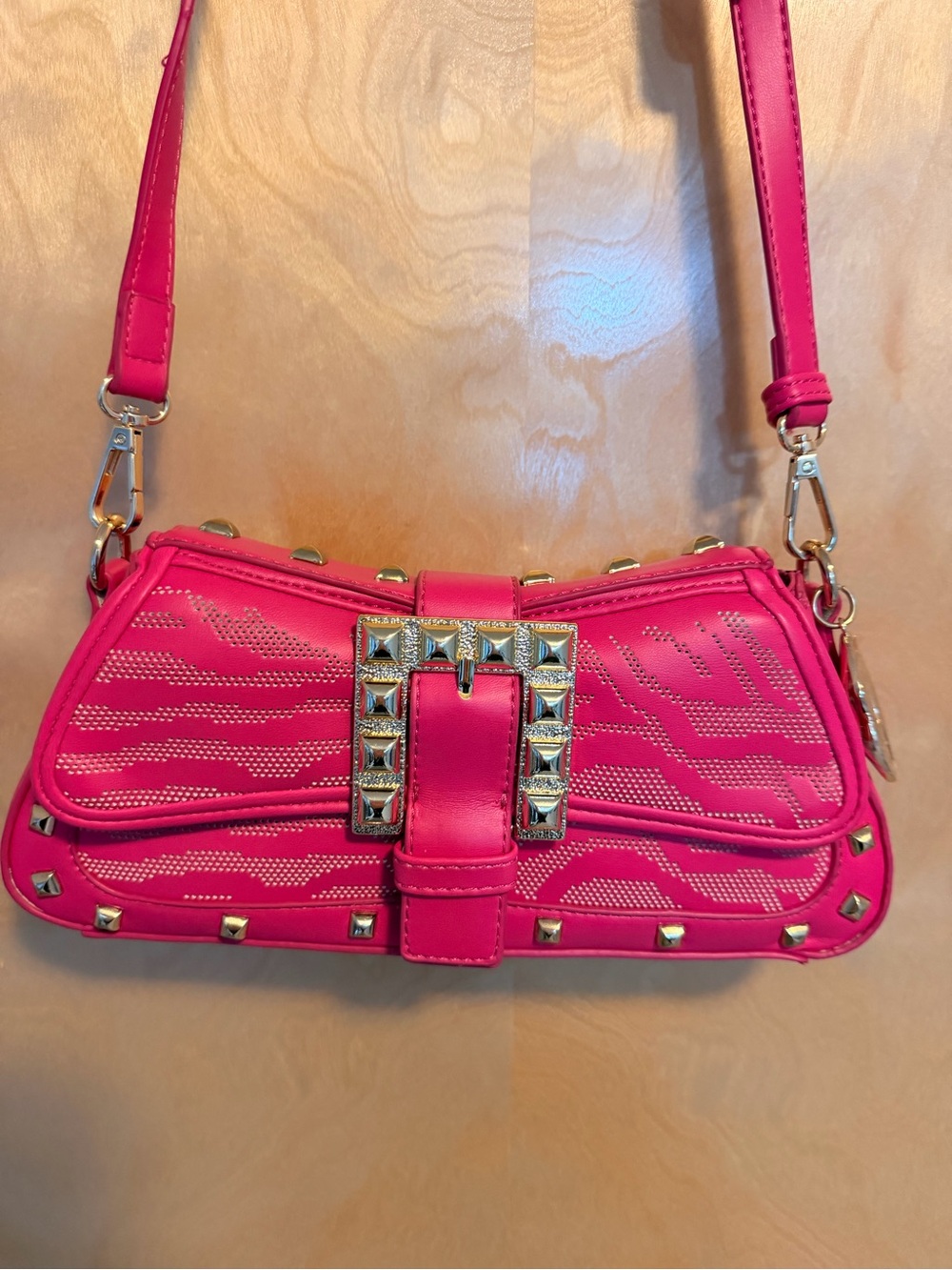 Betsey Johnson NEW Hot Pink Studded Shoulder Bag with Decorative Buckle